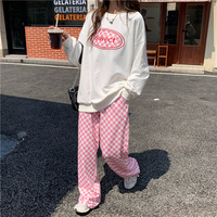 Pink Gingham Loose High Waist Pants  - Thumbnail 1