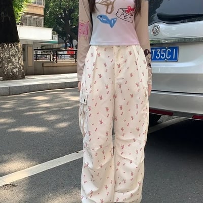 Floral print drawstring high waist pants 