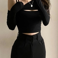 2PCS Black Cut Out Long Sleeve Shirt  - Thumbnail 2