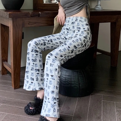 Puppy & kitten print flare trousers 