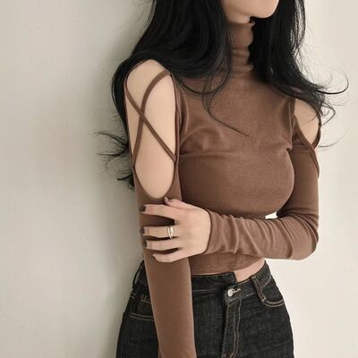 Turtleneck hollow out long sleeve crop top  - Thumbnail 1
