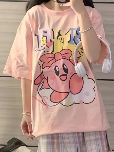 Pink Anime Cartoon Print Short Sleeve T-shirt 