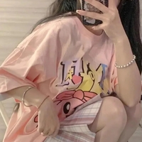 Pink Anime Cartoon Print Short Sleeve T-shirt  - Thumbnail 2