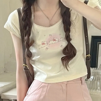 Rabbit kitten lace trim short sleeve t-shirt  - Thumbnail 3