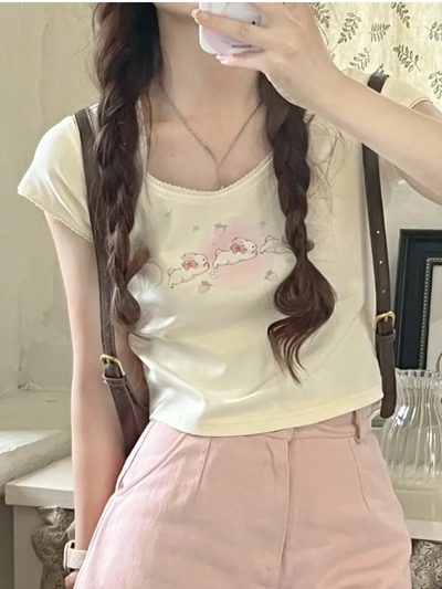 Rabbit Kitten Lace Trim Short Sleeve T-shirt 