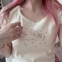 Rabbit Kitten Lace Trim Short Sleeve T-shirt  - Thumbnail 7