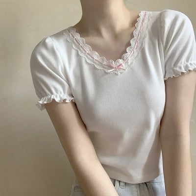 Lace trim bow v neck puff short sleeve shirt - Thumbnail 4
