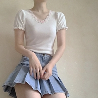 Lace Trim Bow V Neck Puff Short Sleeve Shirt - Thumbnail 1