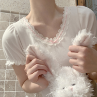 Lace Trim Bow V Neck Puff Short Sleeve Shirt - Thumbnail 3