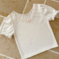 Lace Trim Bow V Neck Puff Short Sleeve Shirt - Thumbnail 5