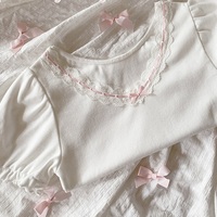 Lace Trim Bow V Neck Puff Short Sleeve Shirt - Thumbnail 6