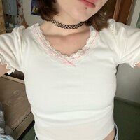 Lace Trim Bow V Neck Puff Short Sleeve Shirt - Thumbnail 7