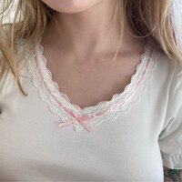 Lace Trim Bow V Neck Puff Short Sleeve Shirt - Thumbnail 8