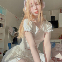 Lace Trim Bow V Neck Puff Short Sleeve Shirt - Thumbnail 9