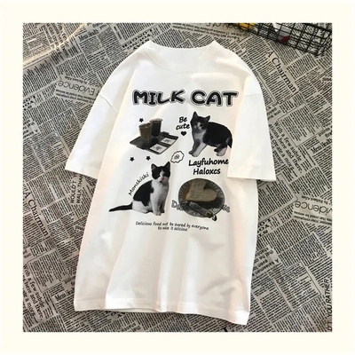 Cat Milk Cartoon Print Short Sleeve T-shirt 