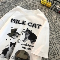 Cat Milk Cartoon Print Short Sleeve T-shirt  - Thumbnail 1