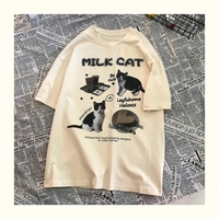 Cat Milk Cartoon Print Short Sleeve T-shirt  - Thumbnail 3