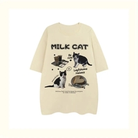Cat Milk Cartoon Print Short Sleeve T-shirt  - Thumbnail 4