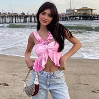 Pink Tie Dye V Neck Ruffle Crop Top - Thumbnail 1