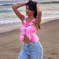 Pink Tie Dye V Neck Ruffle Crop Top - Thumbnail 2