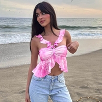 Pink Tie Dye V Neck Ruffle Crop Top - Thumbnail 3