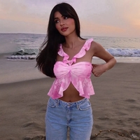 Pink Tie Dye V Neck Ruffle Crop Top - Thumbnail 4