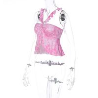 Pink Tie Dye V Neck Ruffle Crop Top - Thumbnail 6