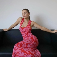 Pink & Red Pattern Criss Cross Split Hem Dress  - Thumbnail 2