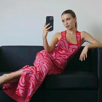 Pink & Red Pattern Criss Cross Split Hem Dress  - Thumbnail 4