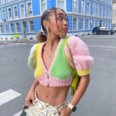 Pastel Crochet V Neck Short Sleeve Shirt 