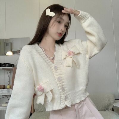 White bow knit cardigan sweater