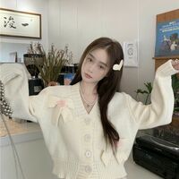 White Bow Knit Cardigan Sweater - Thumbnail 6
