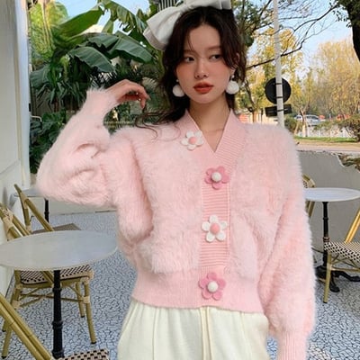 Fluffy flower button cardigan 