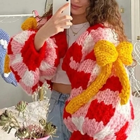 3D Red & White Crochet Cardigan with Yellow Bow  - Thumbnail 1