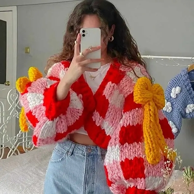 3d red & white crochet cardigan with yellow bow  - Thumbnail 1