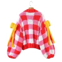 3D Red & White Crochet Cardigan with Yellow Bow  - Thumbnail 3