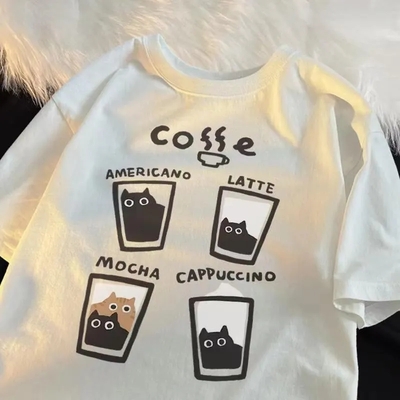 Cat coffee print short sleeve t-shirt  - Thumbnail 2