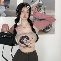 Anime Print Square Neck Long Sleeve Shirt  - Thumbnail 1