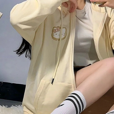 Yellow Cat Cartoon Print Zip Up Hoodie