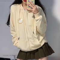 Yellow Cat Cartoon Print Zip Up Hoodie - Thumbnail 2