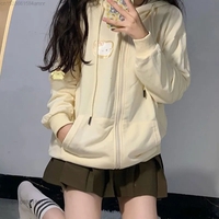 Yellow Cat Cartoon Print Zip Up Hoodie - Thumbnail 3