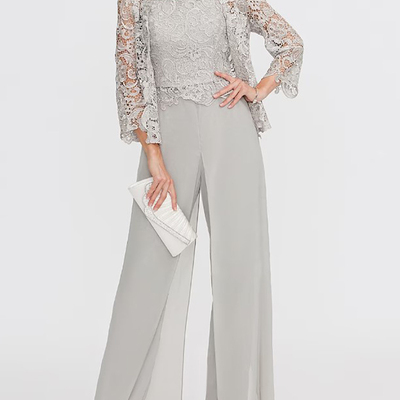 Pantsuit mother of the bride dress chiffon lace appliques square neck floor-length formal elegant wedding party guest 