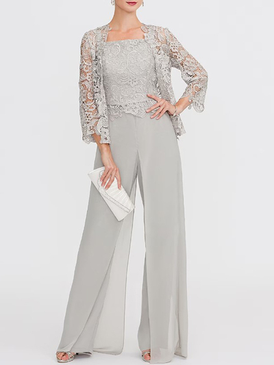 Pantsuit Mother of the Bride Dress Chiffon Lace Appliques Square Neck Floor-Length Formal Elegant Wedding Party Guest 