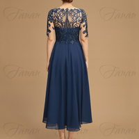 Navy Bule A-Line Short Mother Of the Bride Dresses Lace Appliques Chffon Mom Dress Tea-Length Sequined Ruffles Prom Gown - Thumbnail 1