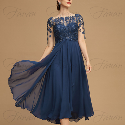 Navy bule a-line short mother of the bride dresses lace appliques chffon mom dress tea-length sequined ruffles prom gown