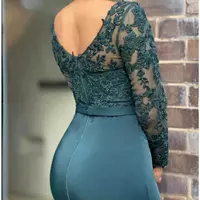 Mermaid Trumpet Mother of the Bride Dress Elegant Sexy V Neck Floor Length Lace Stretch Chiffon Long Sleeve with Bow Applique - Thumbnail 1