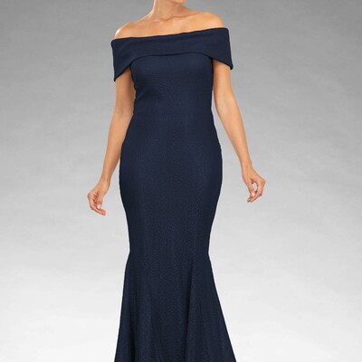 Custom made mermaid navy oyster full length bardot features mother of the bride dresses