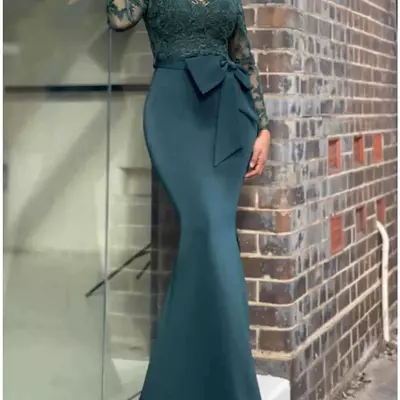 Mermaid trumpet mother of the bride dress elegant sexy v neck floor length lace stretch chiffon long sleeve with bow applique