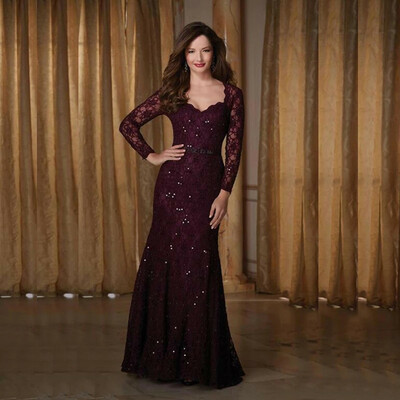 Wine Red Burgundy Mother Of The Bride Dresses Mermaid Sweetheart Long Sleeves Lace Beaded Long Elegant Groom Mother Dresses Wedding
