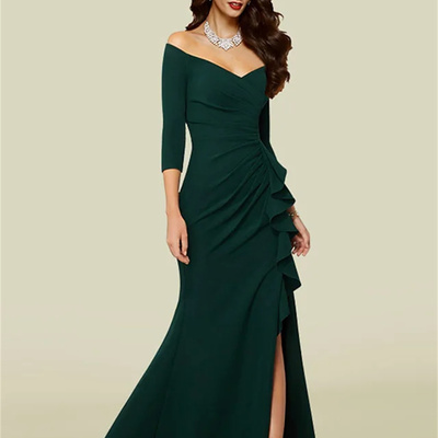 Mermaid mother of the bride dress elegant sexy v neck off shoulder court train stretch fabric 3/4 length sleeve with draping